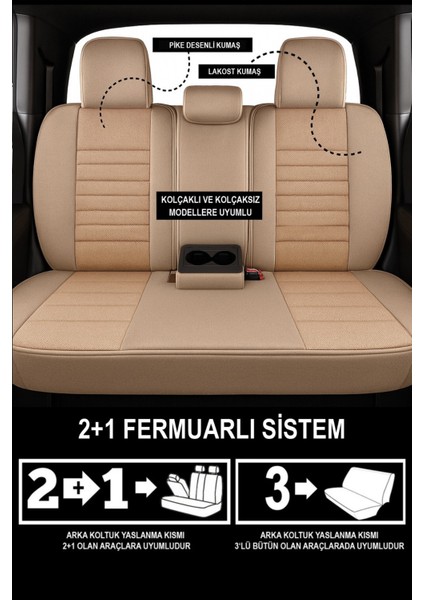 Renault Laguna 1 ve 2 (Sedan) 1994–2006 Saren Serisi Oto Koltuk Kılıfı 5’li Set – Airbag & Kolçak Uyumlu, 3 Katman, Pike+Lakost+Deri Bej indirimleri