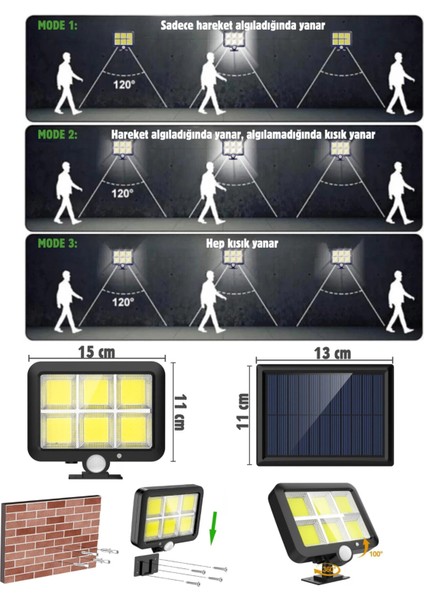 120 Ledli Sensörlü Güneş Enerjili 3 Mod 4,5 Metre Kablolu Solar Sokak Lambası fırsatları