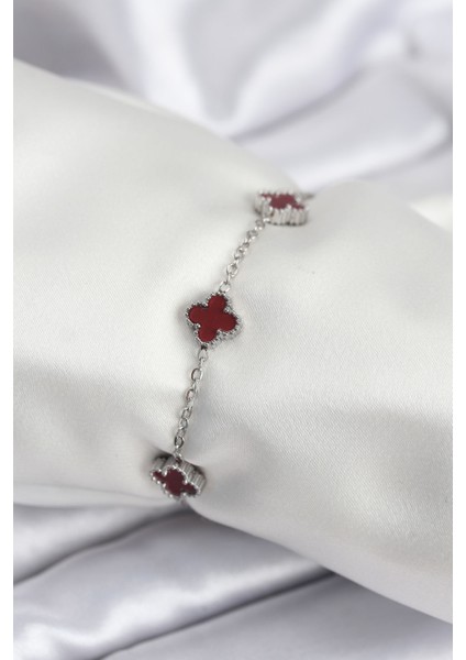 316L Çelik Gümüş Renk Bordo Baby Boy Yonca Kadın Bileklik - Lisinya