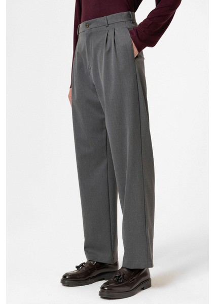 Antrasit Yüksek Bel Pileli Rahat Kalıp Erkek Pantolon modelleri