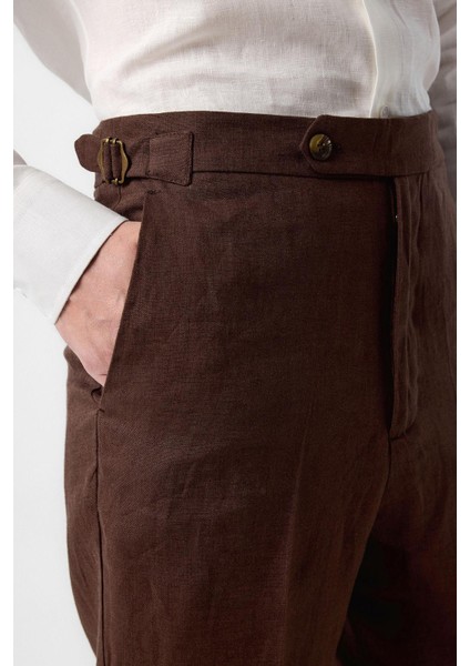 Kahve 100% Keten Italyan Kesim Erkek Pantolon modelleri