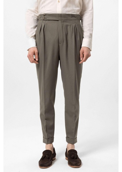 Haki Yüksek Bel Yandan Tokalı Pileli Kumaş Pantolon