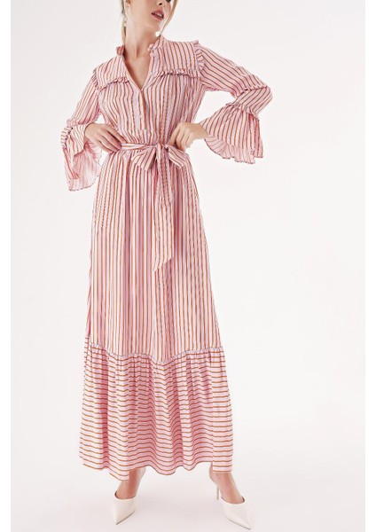 Çizgili Beli Lastikli Büzgülü Uzun Elbise 94541