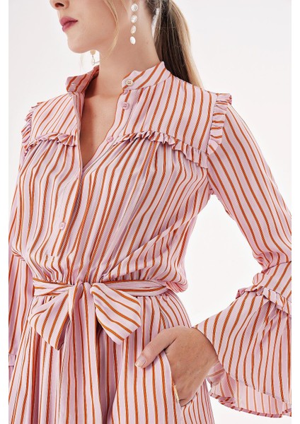 Çizgili Beli Lastikli Büzgülü Uzun Elbise 94541 indirimleri