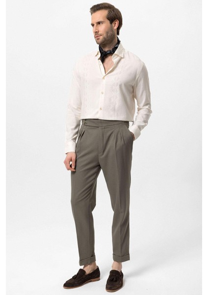 Haki Yüksek Bel Yandan Tokalı Pileli Kumaş Pantolon fiyatları