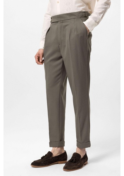 Haki Yüksek Bel Yandan Tokalı Pileli Kumaş Pantolon modelleri