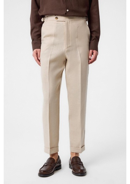 Bej 100% Keten Italyan Kesim Erkek Pantolon