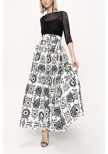 Siyah Beyaz Büzgülü Uzun Etek 81212