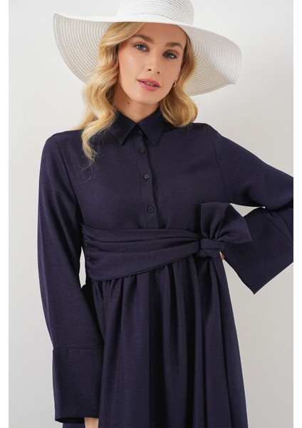 Kadın BDART Uzun Kollu Düğmeli A Form Midi Elbise Gömlek Yakalı Blue fiyatları