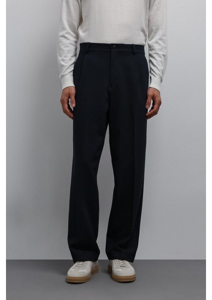 Lacivert Relax Fit Baggy Pilili Erkek Pantolon