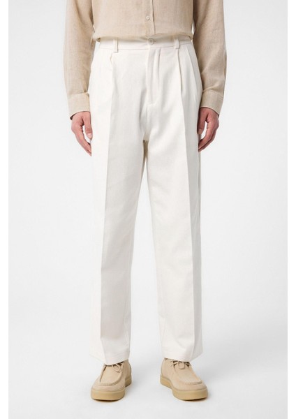 Ekru Yüksek Bel Pamuklu Erkek Pantolon