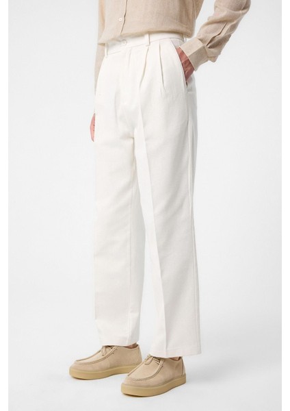 Ekru Yüksek Bel Pamuklu Erkek Pantolon