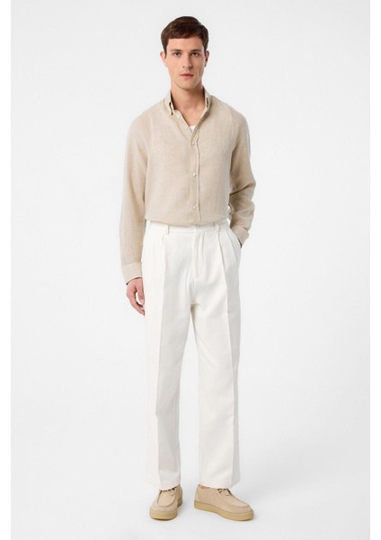 Ekru Yüksek Bel Pamuklu Erkek Pantolon