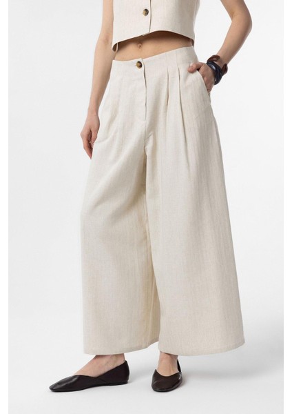 Ekru Keten Karışımlı Kadın Culotte Pantolon