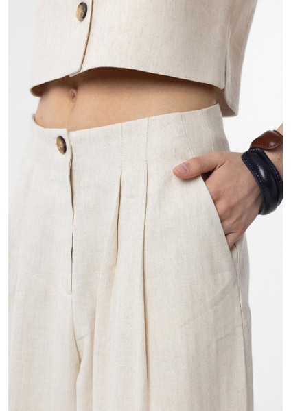 Ekru Keten Karışımlı Kadın Culotte Pantolon modelleri