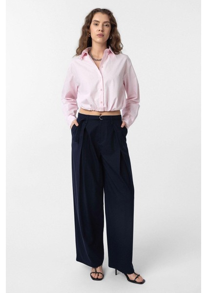 Lacivert Kemerli Pilili Kadın Pantolon modelleri