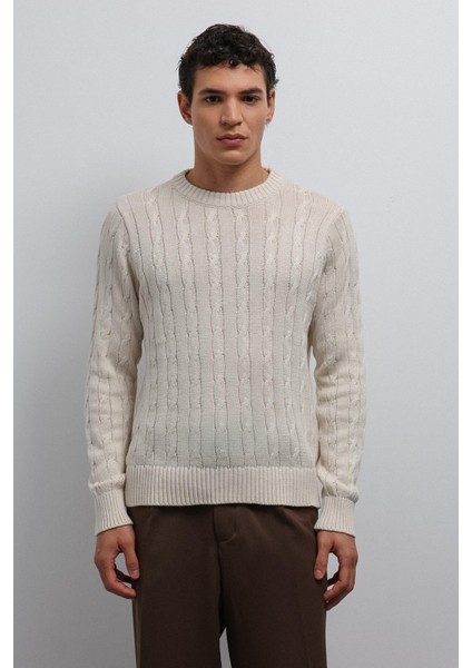 Bej Dokulu Örgü Erkek Kazak