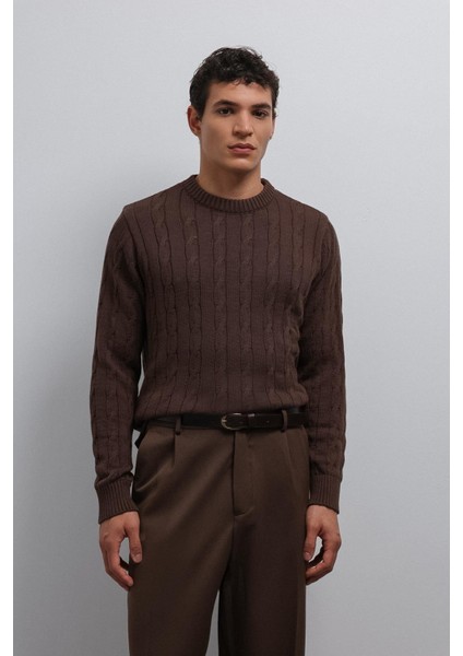 Kahve Dokulu Örgü Erkek Kazak