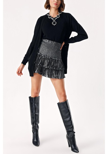 Siyah Kısa Kollu Bluz ve Uzun Parlak Hırka Ikili Takım 28856