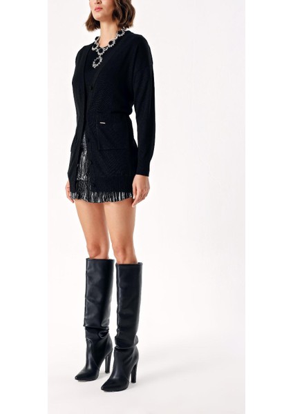 Siyah Kısa Kollu Bluz ve Uzun Parlak Hırka Ikili Takım 28856 modelleri