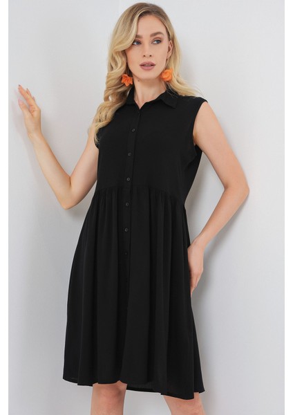 Kadın BDART Gömlek Yakalı Kolsuz Düğmeli Midi Elbise Black