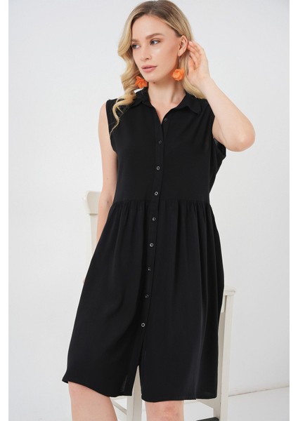 Kadın BDART Gömlek Yakalı Kolsuz Düğmeli Midi Elbise Black fiyatları
