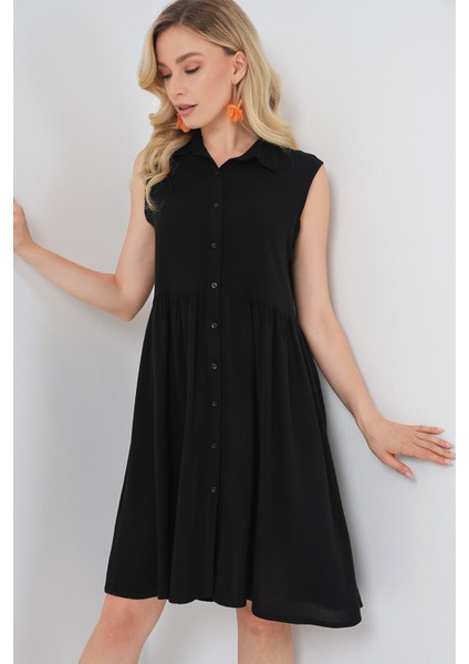 Kadın BDART Gömlek Yakalı Kolsuz Düğmeli Midi Elbise Black fırsatları