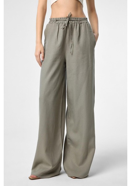 Haki Keten Karışımlı Kadın Pantolon