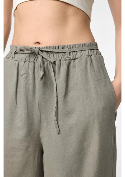 Haki Keten Karışımlı Kadın Pantolon modelleri