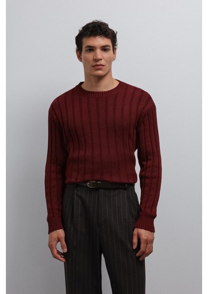 Bordo 100% Pamuk Fitilli Erkek Kazak