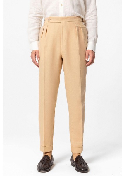Camel Yüksek Bel %100 Keten Pileli Erkek Pantolon