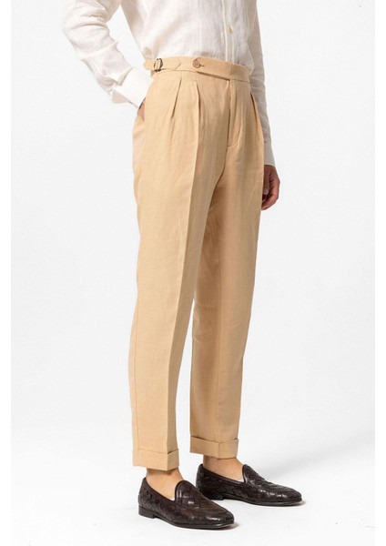 Camel Yüksek Bel %100 Keten Pileli Erkek Pantolon modelleri