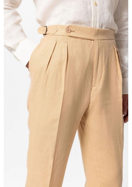 Camel Yüksek Bel %100 Keten Pileli Erkek Pantolon fırsatları