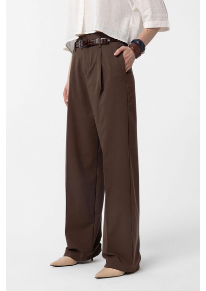 Kahve Yüksek Bel Pilili Kadın Pantolon