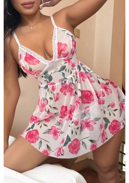 Modlive Ynt Pembe Çiçek Desenli Dantel Detaylı Gecelik 15706