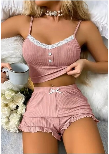 Kadın Yeşil Dantel Detaylı Şortlu Gecelik Pijama Takımı 5014