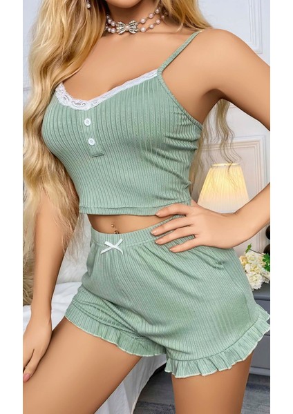 Kadın Yeşil Dantel Detaylı Şortlu Gecelik Pijama Takımı 5014 modelleri