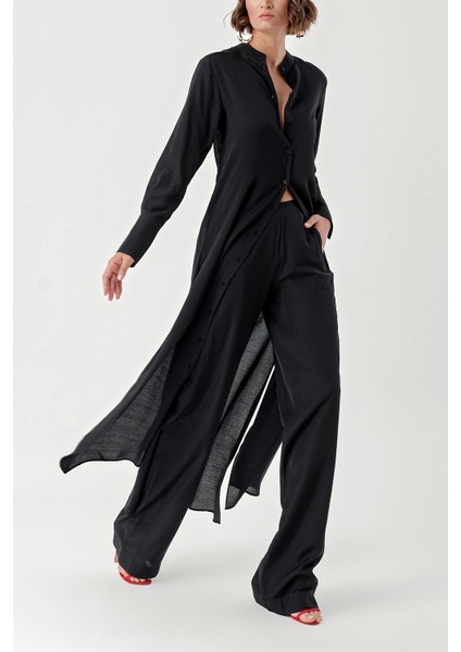 Siyah Boyalı Beli Lastikli Pantolonlu Ikili Takım 12322