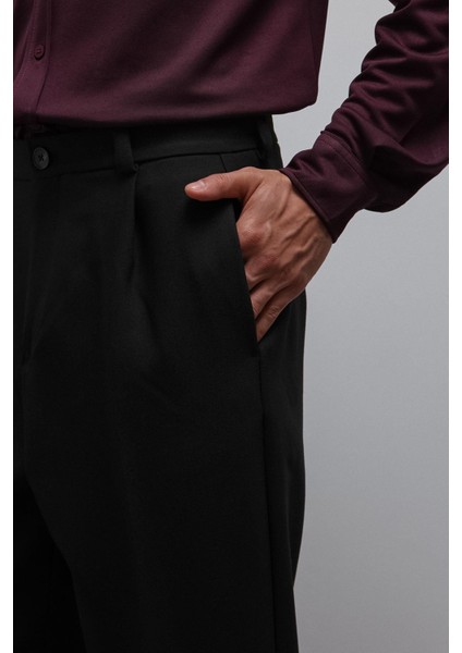 Siyah Relax Fit Baggy Pilili Erkek Pantolon modelleri