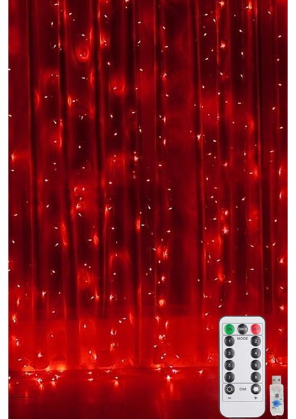 Kırmızı Perde LED 3x3 Metre USB Kumandalı 8 Mod Animasyonlu Peri LED Işık