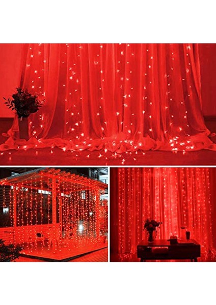 Kırmızı Perde LED 3x3 Metre USB Kumandalı 8 Mod Animasyonlu Peri LED Işık modelleri