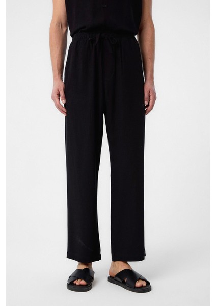 Siyah Keten Karışımlı Jogger Erkek Pantolon