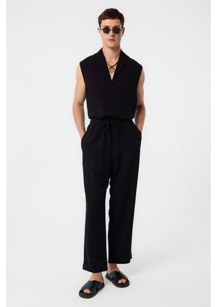 Siyah Keten Karışımlı Jogger Erkek Pantolon fiyatları