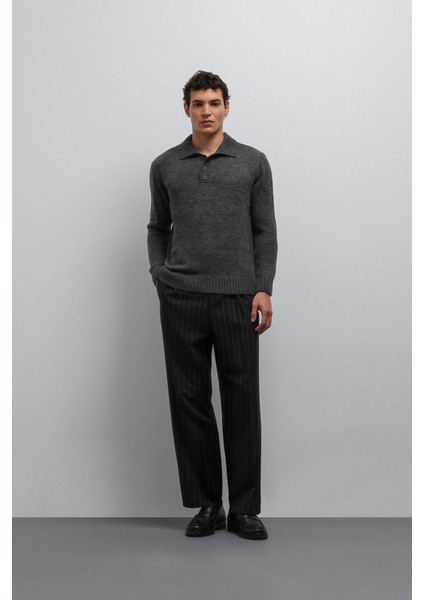 Gri Melanj Düğmeli Yaka Erkek Kazak modelleri