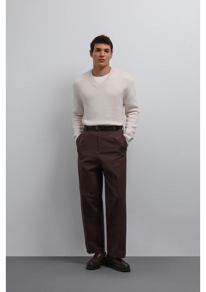 Ekru Dokulu V Yaka Erkek Kazak