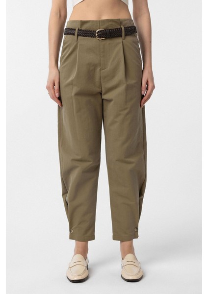 Haki Yüksek Bel Paçası Düğmeli Fit Kadın Pantolon
