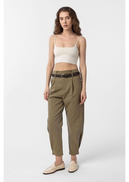 Haki Yüksek Bel Paçası Düğmeli Fit Kadın Pantolon modelleri