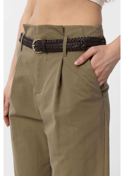 Haki Yüksek Bel Paçası Düğmeli Fit Kadın Pantolon fırsatları