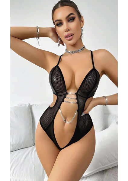 Kadın Siyah Fantezi Kostüm Göğüs Dekolte Zincir Detaylı 2052