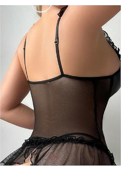 Kadın Çoraplı Lame Deri Fantezi Kostüm Elbise Seksi Gece Fantezi Kostüm 9002